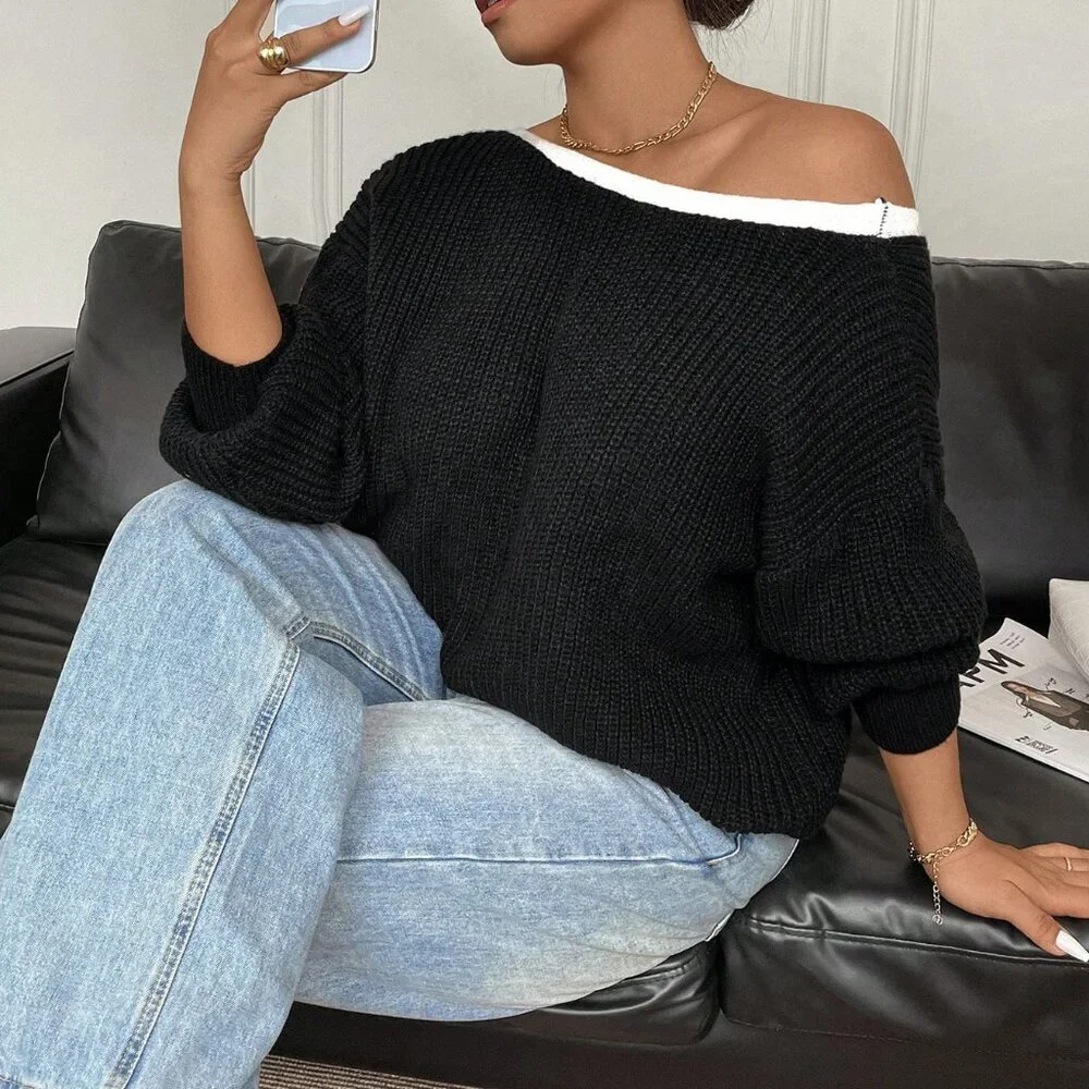 Plus Size Black Casual Women's Bowknot Crew Neck Long Sleeve Sweater - Picture 9 of 9